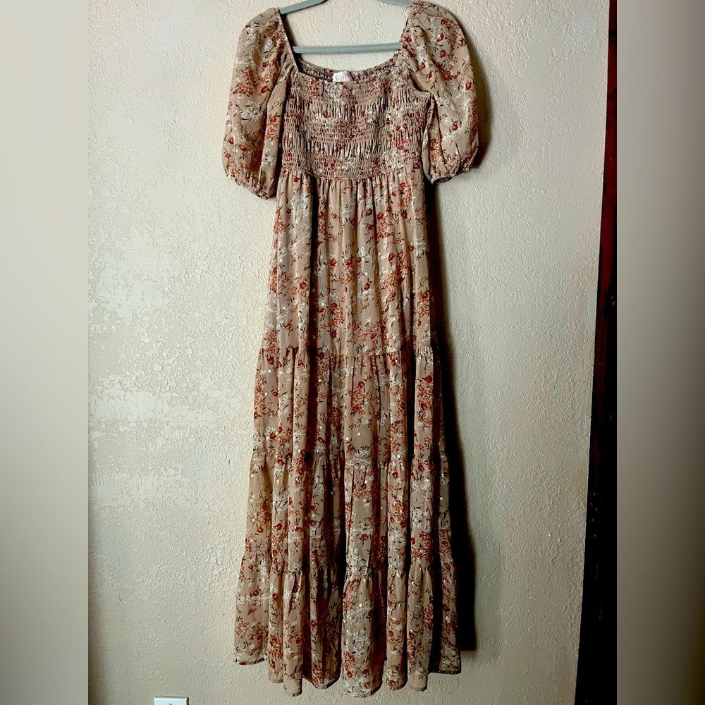 Francesca's Audrey Parks S Carmela Floral Smocked Upper Maxi Dress Cottagecore